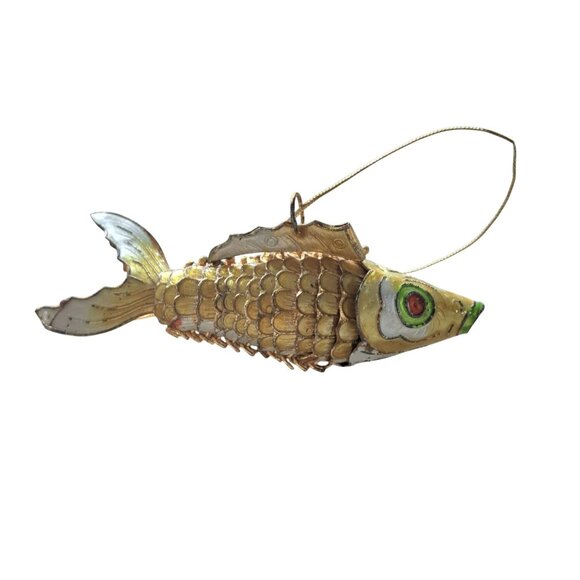 Other - Vintage Gold & White Articulated Fish Ornament Hanging Décor With Enamel Finish